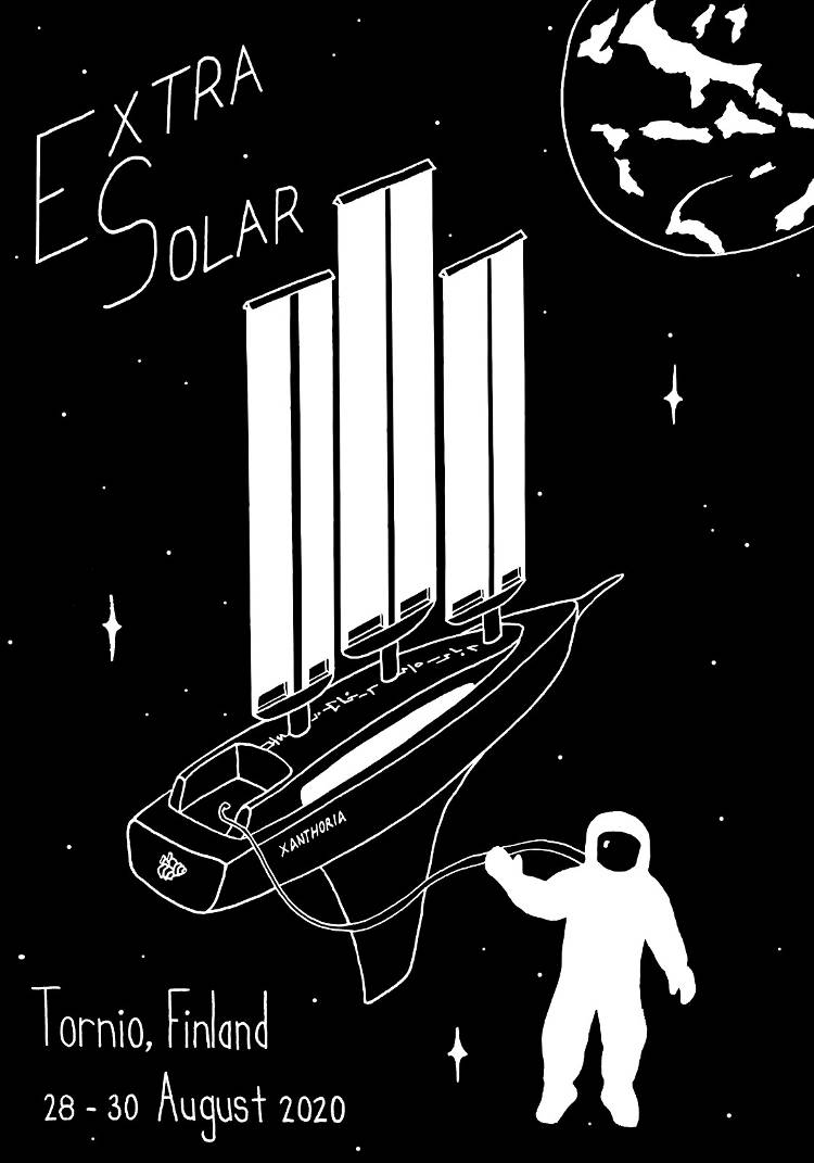 Black and white event poster of a spacecraft, astronaut and planet