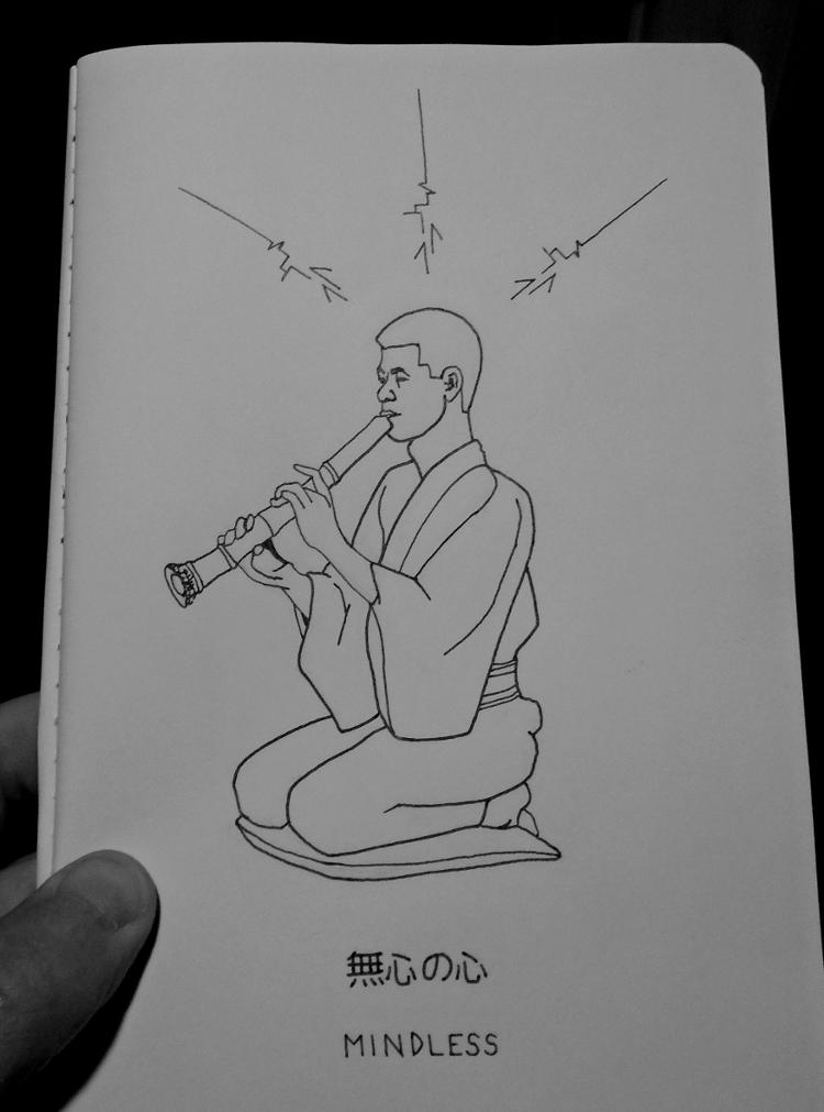 Line drawing of a man playing shakuhachi