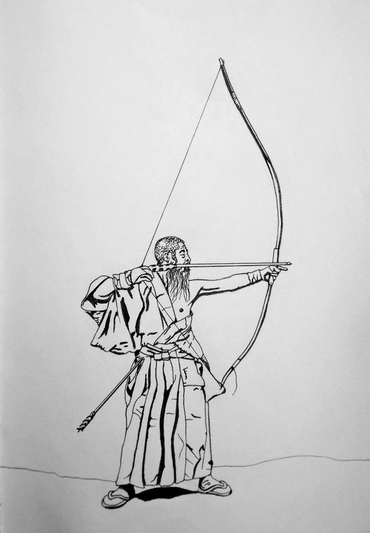 Line drawing of a Japanese archer with a longbow