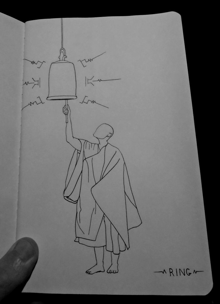 Line drawing of a monk ringing a bell