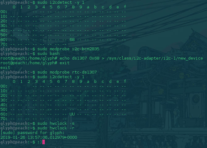 Screenshot of terminal showing successful configuration of I²C RTC module.